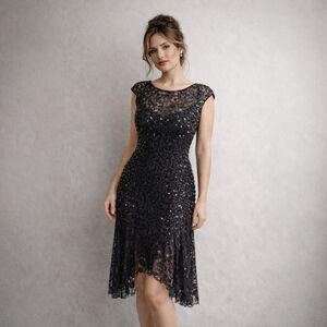 Vintage 80s Black Sequin Lace Dress Sheer Asymmetric Hem Gothic Romantic Size 8